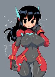 Rule 34 | 1girl, absurdres, asta rindo (rariatto), black eyes, black hair, blush, bodysuit, breasts, closed mouth, grey background, grey bodysuit, highres, large breasts, long hair, looking at viewer, original, rariatto (ganguri), robot ears, simple background, smile, sparkle, translation request