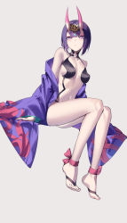 Rule 34 | 1girl, absurdres, bare shoulders, bob cut, breasts, collarbone, eyeliner, fate/grand order, fate (series), headpiece, highres, horns, japanese clothes, kimono, legs, long sleeves, looking at viewer, makeup, navel, off shoulder, oni, purple eyes, purple hair, purple kimono, revealing clothes, short hair, short kimono, shuten douji (fate), skin-covered horns, small breasts, solo, spider apple, thighs, wide sleeves