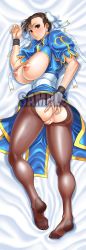 Rule 34 | 1girl, anus, ass, ass cutout, bad id, bad pixiv id, blush, breasts, breasts out, brown eyes, brown hair, bun cover, capcom, china dress, chinese clothes, chun-li, cleft of venus, clothing cutout, cosine, dakimakura (medium), double bun, dress, earrings, hair bun, highres, huge breasts, jewelry, long image, lying, nipples, no panties, on stomach, pantyhose, pussy, sample watermark, sash, solo, spread ass, street fighter, tall image, thick thighs, thighs, uncensored, watermark