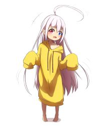 Rule 34 | +++, 1girl, :d, absurdres, ahoge, bare shoulders, barefoot, blue eyes, commentary request, drawstring, fang, full body, hair between eyes, heterochromia, highres, hood, hood down, hoodie, idaten93, long sleeves, looking at viewer, off shoulder, open mouth, original, oversized clothes, red eyes, ruua (idaten93), shadow, sleeves past fingers, sleeves past wrists, smile, solo, standing, white background, yellow hoodie