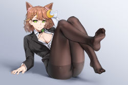 Rule 34 | 1girl, absurdres, animal ear fluff, animal ears, black pantyhose, blouse, breasts, brown hair, cleavage, collared shirt, commission, feet, foot focus, foreshortening, formal, green eyes, hair ornament, highres, looking at viewer, medium hair, office lady, open clothes, open shirt, panties, panties under pantyhose, pantyhose, pantyshot, pixiv commission, shirt, smile, soles, suit, toes, underwear