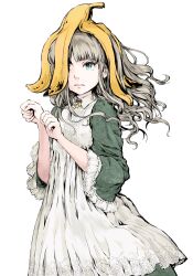 Rule 34 | 1girl, banana peel, dress, embarrassed, frilled dress, frills, green dress, green eyes, grey hair, highres, long hair, looking afar, original, parted lips, simple background, solo, standing, two-tone dress, white background, white dress, yuki (rebruno)