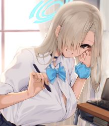 Rule 34 | 1girl, asuna (blue archive), backlighting, blonde hair, blouse, blue archive, blue eyes, blush, book, bookshelf, bra, breasts, choker, classroom, collared shirt, computer, desk, eyelashes, grin, hair over one eye, halo, highres, laptop, large breasts, light brown hair, long hair, looking at viewer, notebook, pen, satou daiji, school desk, school uniform, shirt, smile, smiley face, solo, tablet pc, underwear, very long hair, white bra, white shirt, window