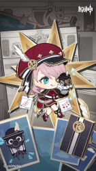 Rule 34 | 1girl, absurdres, aqua eyes, bare shoulders, black socks, boots, bow, camera, charlotte (genshin impact), chibi, closed mouth, feathers, genshin impact, glove bow, gloves, hat feather, highres, holding, holding camera, long sleeves, looking to the side, official art, one eye closed, pink hair, red footwear, red headwear, short hair, smile, socks, solo, standing, tongue, tongue out, white bow, white feathers, white gloves