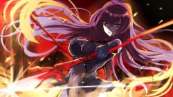 Rule 34 | 1girl, bad id, bad pixiv id, bodysuit, covered navel, dual wielding, fate/grand order, fate (series), fire, gae bolg (fate), holding, long hair, pantsu (lootttyyyy), polearm, purple bodysuit, purple hair, red eyes, scathach (fate), scathach (fate), solo, spear, weapon
