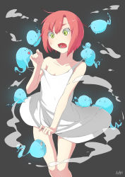 Rule 34 | 1girl, ahoge, ataru (ataru squall), bad id, bad pixiv id, breasts, cleavage, clothes lift, dress, dress lift, dress tug, green eyes, open mouth, original, red hair, short hair, small breasts, solo, strap slip, surprised, sweat