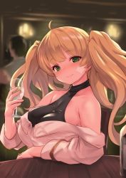Rule 34 | 1boy, 1girl, bandaid, bandaid on face, bare shoulders, blonde hair, blurry, blurry background, blush, breasts, chair, closed mouth, commentary request, cup, drinking glass, glass bottle, granblue fantasy, green eyes, highres, indoors, jewelry, kztk, large breasts, lips, long hair, monika weisswind, ring, sitting, table, twintails