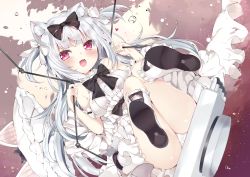 Rule 34 | 1girl, :d, animal ears, azur lane, bare shoulders, black bow, blush, boots, bow, breasts, cat ears, commentary request, dress, dutch angle, fang, hair bow, heart, highres, kamioka shun&#039;ya, knee boots, long hair, looking at viewer, medium breasts, off-shoulder dress, off shoulder, open mouth, panties, red eyes, shoe soles, silver hair, sitting, smile, solo, two side up, umbrella, underwear, very long hair, water drop, white bow, white dress, white footwear, white panties, white umbrella, yukikaze (azur lane), yukikaze (sovereign of the swing) (azur lane)