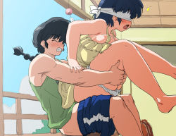 Rule 34 | 1girl, bare shoulders, barefoot, black hair, blindfold, blue hair, blush, braid, breast press, breasts, clenched teeth, clothed sex, closed eyes, girl on top, held up, huge breasts, legs, mage (harumagedon), open mouth, panties, panty pull, ranma 1/2, saotome ranma, sex, short hair, sitting, sitting on person, sweatdrop, teeth, tendou akane, thighs, underwear, vaginal, white panties