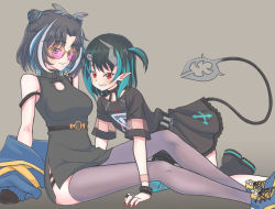 Rule 34 | 2girls, all fours, animare, black dress, black hair, blue hair, blue jacket, blue thighhighs, bracelet, breasts, china dress, chinese clothes, commentary request, cone hair bun, demon girl, demon horns, demon tail, dress, eye of providence, flat chest, full body, glasses, grey background, grey thighhighs, grin, hair bun, horns, jacket, jewelry, k waremono, looking at viewer, medium breasts, medium hair, multicolored hair, multiple girls, nanashi inc., official alternate costume, one side up, oura rukako, oura rukako (2nd costume), pink-tinted eyewear, pointy ears, red eyes, shishio chris, shishio chris (3rd costume), shoes, short dress, short sleeves, single thighhigh, sitting, sleeveless, sleeveless dress, smile, sneakers, spiked bracelet, spikes, streaked hair, striped clothes, striped thighhighs, sugar lyric, sunglasses, tail, thighhighs, tinted eyewear, two-tone hair, unworn jacket, virtual youtuber, white hair, yellow footwear, zettai ryouiki