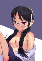 Rule 34 | 1girl, black hair, braid, glasses, long hair, meow (nekodenki), original, purple eyes, solo, topless, twin braids