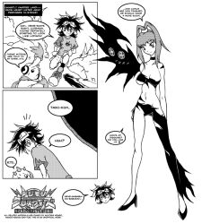 amano_nene_(digimon_xros_wars) blush breasts comic cutemon digimon digimon_xros_wars english_text gluteal_fold goggles goggles_on_head hand_on_own_hip high_heels highres kudou_taiki monochrome navel shademon_(nene_ver.) shadypenpen smile speech_bubble