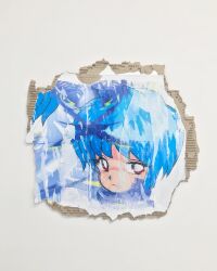 Rule 34 | 1girl, blue hair, bright pupils, cardboard, closed mouth, commentary request, distortion, highres, leper kamilah, looking at viewer, mixed media, original, pixelated, portrait, red eyes, short hair, solo, torn paper, unconventional media, white pupils