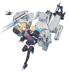 Rule 34 | 1girl, absurdres, aircraft, arnold-s, black footwear, black jacket, black thighhighs, blonde hair, blue eyes, blue skirt, blush, cannon, closed mouth, commentary request, dress shirt, full body, hair between eyes, headphones, headset, helicopter, highres, holding, jacket, long hair, long sleeves, machinery, missile, open clothes, open jacket, original, personification, pleated skirt, puffy long sleeves, puffy sleeves, shirt, shoes, simple background, skirt, sleeves past wrists, smile, solo, star (symbol), star print, sweater vest, thighhighs, turret, very long hair, white background, white shirt