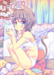 Rule 34 | 1girl, ahoge, animal ears, backpack, bag, bed, bedroom, blanket, blue eyes, blush, board, bookshelf, bra, breath, brown hair, cat ears, cat girl, cat tail, cup, ech, grey hair, hair between eyes, highres, holding, holding cup, indoors, legs together, looking at viewer, navel, open mouth, original, panties, parted lips, pen, photo (object), picture frame, plaid blanket, short hair with long locks, sitting, solo, steam, strap slip, tail, tareme, underwear, underwear only, white bra, white panties