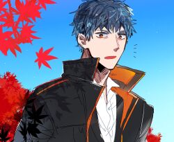 Rule 34 | 1boy, black coat, black jacket, black suit, blue background, blue hair, coat, collared coat, collared shirt, falling leaves, fate/grand order, fate (series), formal, highres, jacket, leaf, looking at viewer, male focus, maple leaf, notice lines, open collar, open mouth, orange eyes, saitou hajime (fate), shirt, short hair, solo, suit, upper body, white shirt, yayayakan