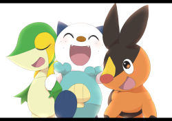 Rule 34 | :d, ^ ^, closed eyes, commentary request, creatures (company), fangs, game freak, gen 5 pokemon, happy, letterboxed, moi moi 123, nintendo, no humans, open mouth, oshawott, pokemon, pokemon (creature), resolution mismatch, simple background, smile, snivy, source larger, starter pokemon trio, tepig, white background