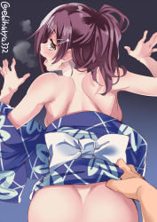 Rule 34 | 1girl, against wall, alternate costume, alternate hairstyle, ass, back, backboob, bare arms, bare back, bare shoulders, black background, blue background, blue kimono, blush, bow, breasts, breasts out, breath, brown eyes, ebifurya, female focus, from above, from behind, gradient background, hagikaze (kancolle), hair ornament, hairclip, hands up, heavy breathing, highres, imminent penetration, imminent rape, japanese clothes, kantai collection, kimono, looking at viewer, looking back, medium breasts, moaning, off shoulder, open mouth, ponytail, pov, purple hair, saliva, short hair, shoulder blades, solo focus, twitter username, undressing, white bow, wide sleeves, yukata