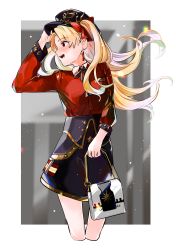 Rule 34 | 1girl, absurdres, bag, black hat, black skirt, blonde hair, border, bow, breasts, contemporary, earrings, ereshkigal (fate), ereshkigal (under the same sky) (fate), fate/grand order, fate (series), grey background, hair bow, handbag, hat, highres, jewelry, light particles, long hair, long sleeves, looking to the side, medium breasts, open mouth, parted bangs, peaked cap, red bow, red eyes, red shirt, ru to bi, shirt, skirt, smile, solo, thighs, two side up, white border