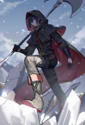 Rule 34 | 1boy, :|, absurdres, axe, ayn alwyn, battle axe, black choker, black cloak, black footwear, black gloves, black hair, black pants, choker, cloak, closed mouth, cloud, dangle earrings, day, earrings, fold-over boots, foot out of frame, from below, gloves, hair between eyes, half gloves, highres, holding, holding axe, hood, hood up, hooded cloak, jewelry, kazenemuri, long sleeves, looking at viewer, looking down, lovebrush chronicles, male focus, outdoors, over shoulder, pants, red cloak, red eyes, red ribbon, ribbon, rubble, serious, short hair, single earring, snowing, solo, standing, stepping, two-sided cloak, two-sided fabric, weapon, weapon over shoulder