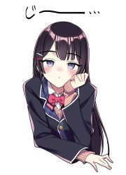 Rule 34 | 1girl, black hair, black jacket, blazer, blue eyes, blush, bow, bowtie, breasts, brown sweater, cheek rest, closed mouth, collared shirt, commentary, cropped torso, hair ornament, hairclip, hand on own cheek, hand on own face, jacket, jitome, long hair, long sleeves, looking at viewer, nijisanji, red bow, red bowtie, school uniform, shirt, simple background, small breasts, solo, sound effects, staring, straight hair, sweater, takano suzu, tsukino mito, tsukino mito (1st costume), upper body, virtual youtuber, white background, white shirt, wing collar