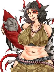 Rule 34 | 1girl, animal ears, animal print, baby, bare shoulders, bead belt, bead necklace, beads, belly, bikini, bikini top only, black hair, breasts, chain belt, chain, cleavage, collarbone, commentary request, cow ears, cow print, facial tattoo, grey hair, haori, highres, hip vent, holding, horns, japanese clothes, jewelry, large breasts, lips, looking at viewer, midriff, multicolored hair, navel, navel piercing, necklace, nose piercing, nose ring, oni horns, parted lips, piercing, red eyes, red horns, red tail, ryuuichi (f dragon), short hair, shorts, simple background, solo, arthropod limbs, statue, swimsuit, tattoo, toned, touhou, tusks, two-tone hair, ushizaki urumi, white background, yellow bikini, yellow shorts