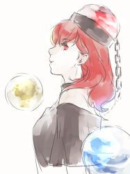 Rule 34 | 1girl, asakura noi, choker, earth (ornament), hat, hecatia lapislazuli, long hair, looking at viewer, moon (ornament), profile, red eyes, red hair, solo, touhou, white background