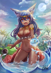 Rule 34 | 1girl, :d, animal ears, armband, blue eyes, blue hair, breasts, circlet, cleavage, dark skin, dark-skinned female, day, fang, jewelry, large breasts, matching hair/eyes, navel, necklace, open mouth, original, palm tree, qblade, sky, smile, solo, tail, tree, water, wet