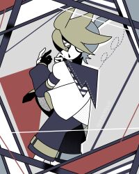 Rule 34 | 1boy, blonde hair, colored skin, commentary request, cowboy shot, detached sleeves, flat color, from behind, grey background, grey sailor collar, grey shorts, grey sleeves, halftone, hands up, highres, kagamine len, limited palette, long sleeves, looking at viewer, looking back, machigami yoh, male focus, sailor collar, screentones, shirt, short hair, short sleeves, shorts, solo, standing, teardrop facial mark, twitter username, vocaloid, white shirt, white skin