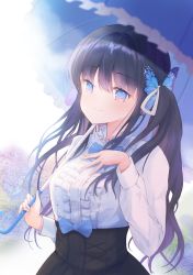 Rule 34 | 1girl, absurdres, aoi nabi, black hair, black skirt, blue bow, blue eyes, bow, breasts, bug, butterfly, butterfly hair ornament, commentary, english commentary, frilled shirt, frills, hair ornament, hair ribbon, hand on own chest, high-waist skirt, highres, holding, indie virtual youtuber, insect, long hair, looking at viewer, medium breasts, miksin, parasol, ribbon, shirt, skirt, smile, solo, twintails, umbrella, virtual youtuber, white ribbon, white shirt