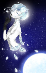 Rule 34 | 1other, androgynous, antarcticite, blue eyes, breaking, broken, colored eyelashes, crack, eyeball, finger to mouth, gem uniform (houseki no kuni), gloves, grey eyes, hair over one eye, highres, houseki no kuni, long bangs, looking at viewer, moon, shards, short hair, smile, solo, space, sparkle, star (sky), white hair