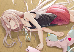 Rule 34 | 1girl, absurdres, bare shoulders, black shirt, cat, cellphone, commentary, cup, drinking glass, drinking straw, closed eyes, haiyuki yuki, heart, heart print, highres, ia (vocaloid), long hair, lying, miniskirt, on side, open mouth, phone, pink skirt, platinum blonde hair, pleated skirt, shirt, skirt, smartphone, spaghetti strap, sweat, very long hair, vocaloid, wooden floor