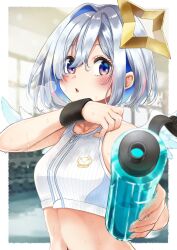 Rule 34 | 1girl, @-you (you 2023 8 16), amane kanata, angel wings, bare shoulders, blue eyes, bottle, colored inner hair, hair ornament, halo, highres, hololive, multicolored hair, navel, shirt, star halo, striped clothes, striped shirt, sweat, virtual youtuber, water bottle, white hair, white shirt, wings, wristband