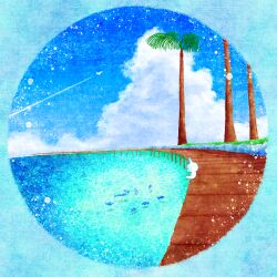 Rule 34 | blue sky, blue theme, canvas texture, cat, cloud, contrail, cumulonimbus cloud, fish, highres, looking at animal, no humans, ocean, original, outdoors, oyuge design, palm tree, round image, scenery, sitting, sky, summer, tree, water