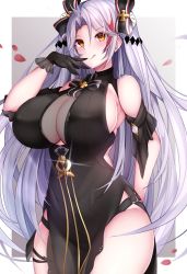 Rule 34 | 1girl, alternate costume, antenna hair, azur lane, bad id, bad twitter id, black dress, black gloves, blush, breasts, cleavage, covered navel, dress, finger to mouth, g3 (bitgiii), gloves, hair between eyes, hair ribbon, highres, huge breasts, long hair, looking at viewer, multicolored hair, prinz eugen (azur lane), prinz eugen (cordial cornflower) (azur lane), red hair, ribbon, see-through, sideboob, silver hair, solo, streaked hair, swept bangs, thighs, two side up, very long hair, yellow eyes