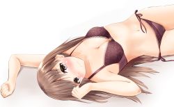 Rule 34 | arm up, bad id, bad pixiv id, black bra, black panties, blush, bra, breasts, brown eyes, brown hair, closed mouth, commentary, frown, hamalu, highres, kantai collection, lace, lace-trimmed bra, lace-trimmed panties, lace trim, lingerie, long hair, looking at viewer, lying, medium breasts, navel, on back, ooi (kancolle), panties, side-tie panties, solo, underwear, underwear only, upside-down, wavy mouth, white background