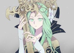 Rule 34 | 0ketu hip, 1girl, cloak, female focus, fire emblem, fire emblem: three houses, flower, green hair, grey background, hair flower, hair ornament, hand up, heroes relic (fire emblem), holding, holding sword, holding weapon, long hair, looking at viewer, matching hair/eyes, nintendo, rhea (fire emblem), simple background, solo, sword, sword of the creator, upper body, weapon