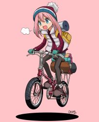 1girl 2022 :d aqua_gloves backpack bag beanie bedroll bicycle black_leggings blue_eyes commentary_request gloves gt_ojisan hat highres kagamihara_nadeshiko leggings leggings_under_shorts long_sleeves open_mouth pink_background pink_hair pom_pom_(clothes) pom_pom_beanie red_shirt riding riding_bicycle shirt shorts signature smile solo tareme yellow_bag yurucamp