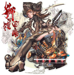 Rule 34 | 1girl, boots, brown eyes, brown hair, gloves, hat, hover vehicle, lips, long hair, riding, shishizaru, solo focus, sword, thigh boots, thighhighs, weapon