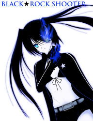Rule 34 | 10s, 1girl, bad anatomy, black hair, black rock shooter, black rock shooter (character), blue eyes, hatsune miku, highres, midriff, navel, poorly drawn, scar, solo, twintails, vocaloid
