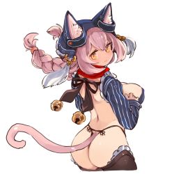 Rule 34 | 1girl, animal ears, ass, bell, braid, breasts, cat ears, cat tail, cleavage, from behind, hat, highres, large breasts, looking back, mota, pink hair, solo, tail, thong, twin braids