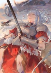 Rule 34 | 1girl, absurdres, alternate costume, armor, bleeding, blood, blood in hair, blood on arm, blood on clothes, blood on face, blood on hands, blunt bangs, chinese commentary, commentary, deep wound, fate/grand order, fate (series), feathers, gloves, herunoe, highres, injury, long hair, looking to the side, penthesilea (fate), polearm, shield, solo, spear, sword, weapon, white feathers, white hair, yellow eyes