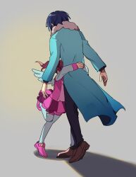 Rule 34 | 1boy, 1girl, black socks, blue coat, blue hair, bow, brown footwear, coat, commentary request, dark blue hair, e.g.o (project moon), employee (project moon), footwear bow, full body, gradient background, height difference, hug, layered skirt, lobotomy corporation, long sleeves, medu (rubish), pants, pink bow, pink footwear, pink skirt, pink vest, pleated skirt, project moon, purple pants, red hair, shadow, shirt, shoes, short twintails, skirt, socks, thighhighs, twintails, vest, white shirt, white thighhighs, wings