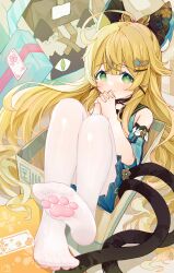 Rule 34 | 1girl, ahoge, bare shoulders, blonde hair, blush, box, feet, genshin impact, hair ornament, highres, in box, in container, kirara (genshin impact), looking at viewer, multiple tails, own hands together, pantyhose, paw print, paw socks, soles, tail, two tails, white pantyhose, xianyuzi