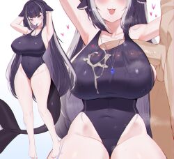 1boy 1girl animal_ears armpits arms_behind_head bare_arms barefoot black_hair black_one-piece_swimsuit breasts cetacean_tail closed_mouth covered_navel cum cum_on_clothes fins fish_tail heart hetero highres indie_virtual_youtuber large_breasts legs long_hair looking_at_viewer lost-phews mouth_hold multicolored_hair multiple_views one-piece_swimsuit open_mouth penis penis_under_another&#039;s_clothes purple_eyes shirt shylily smile solo_focus standing streaked_hair swimsuit tail testicles uncensored very_long_hair virtual_youtuber whistle whistle_around_neck white_shirt