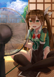 Rule 34 | 10s, 1girl, absurdres, asymmetrical legwear, between legs, black gloves, black socks, blush, breasts, brown hair, buttons, cloud, day, dress, elbow gloves, electric fan, food, gloves, green eyes, hair between eyes, hair ribbon, hand between legs, hand fan, highres, holding, holding food, ice cream, indian style, jacket, kantai collection, kneehighs, long hair, no panties, okitsugu, on floor, open mouth, pelvic curtain, popsicle, puffy short sleeves, puffy sleeves, ribbon, short dress, short sleeves, side slit, single elbow glove, single kneehigh, single sock, single thighhigh, sitting, sky, socks, solo, summer, sweatdrop, tatami, thighhighs, tone (kancolle), tone kai ni (kancolle), tree, twintails, uneven legwear, wall, wavy mouth