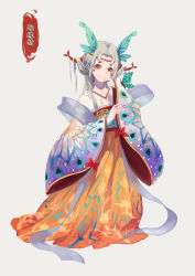 Rule 34 | 1girl, alternate costume, blush, bug, butterfly, character request, collarbone, finger to face, grey hair, head wings, highres, insect, long hair, looking at viewer, onmyoji, shan-n, smile, solo, translation request, wings