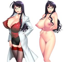 Rule 34 | 1girl, antenna hair, bakunyuu hoken onna kyoushi, bare legs, bare shoulders, bra, breast hold, breasts, censored, choker, cleavage, collarbone, covered erect nipples, curvy, doctor, garter straps, glasses, green eyes, hand in pocket, huge breasts, lab coat, lace, lace-trimmed bra, lace-trimmed legwear, lace legwear, lace trim, large areolae, legs, lingerie, lips, lipstick, long hair, makeup, mature female, miniskirt, mole, navel, nipples, nude, pencil skirt, puffy nipples, purple hair, pussy, shinomiya yurika, sidelocks, skirt, smile, standing, strikes, takahashi record, thighhighs, thighs, underwear