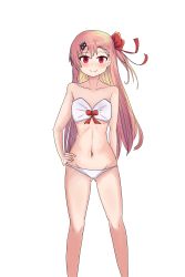 Rule 34 | 1girl, absurdres, alternate costume, arm behind back, asymmetrical hair, bare legs, bikini, blush, bow, braid, breasts, collarbone, girls&#039; frontline, gluteal fold, hair between eyes, hair bow, hair ornament, hair ribbon, hairclip, hand on own hip, hexagram, highres, kurunu, long hair, looking at viewer, medium breasts, navel, negev (girls&#039; frontline), pink hair, red bow, red eyes, ribbon, ribbon-trimmed bra, ribs, simple background, smile, solo, standing, star of david, stomach, swimsuit, transparent background, white background