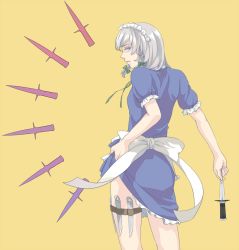 Rule 34 | 1girl, apron, blue dress, blue eyes, bow, braid, brown background, clothes lift, colored eyelashes, dress, dress lift, frilled dress, frills, from behind, hair bow, holding, holding knife, ichiroku (sakumogu-029), izayoi sakuya, knife, looking at viewer, looking back, maid, maid apron, maid headdress, parted lips, ribbon, short hair, short sleeves, silver hair, simple background, solo, thigh strap, thighs, touhou, twin braids